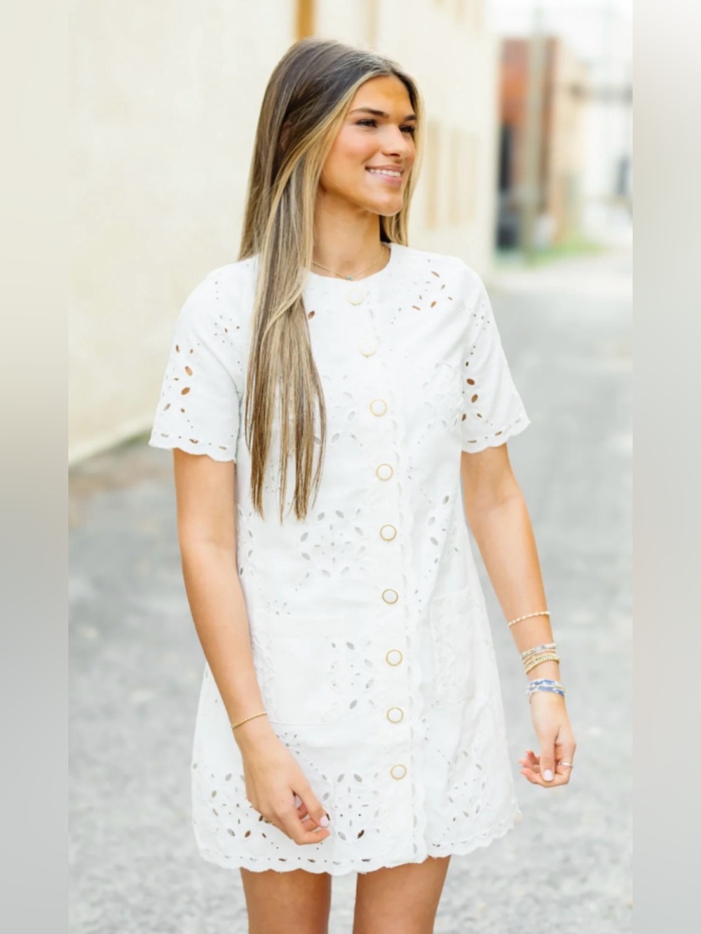 NWOT Zoe & Claire White Eyelet Cotton lined Dress WSZ Med pit2pit 19” length 34”